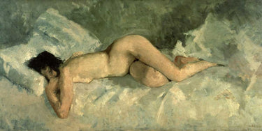 Reclining nude European canvas art print by Breitner George Hendrik, displayed in a living room setting, sold by Feeling at Home.