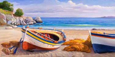 Mediterranean coastal canvas art print by Galasso Adriano, vibrant scene capturing seaside landscape, by Feeling at Home.