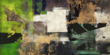 Emerald abstract canvas art print by Aprile Alessio, featuring vibrant green and blue brushstrokes on textured canvas.