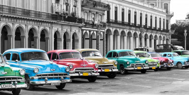 Art Print on canvas Cars parked in line, Havana, Cuba by Pangea Images Photography Post-Impressionism artwork