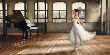 Dim light ballerina figurative canvas art print by Benson Pierre, showcasing a graceful dancer in muted tones.
