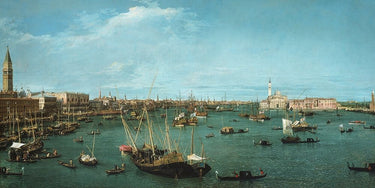 Venice landscape canvas art print of Bacino di San Marco by Canaletto, featuring detailed cityscape and historic architecture.