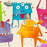 Alien Class children's art canvas print by Feeling at Home featuring colorful, whimsical alien characters on a vibrant background.
