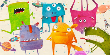Alien Class children's art canvas print by Feeling at Home featuring colorful, whimsical alien characters on a vibrant background.