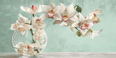 Celadon orchid arrangement floral art print by Dellal Remy on canvas, featuring detailed botanical design and vibrant colors.