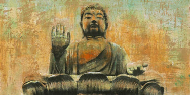 Buddha the Enlightened Religion canvas art print by Moschetta Dario, featuring a serene Buddha image on a textured canvas.