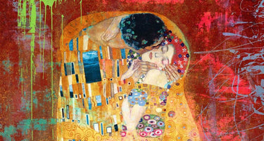 Feeling at home Klimts Kiss 2.0 figurative canvas art print by Chestier Eric, detailed close-up of the artwork's vibrant brushstrokes.