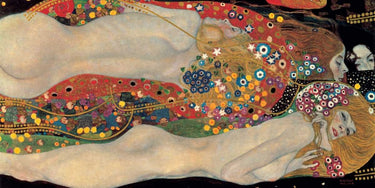 Sea serpents figurative canvas art print by Gustav Klimt, featuring swirling sea creatures on a detailed artistic background.