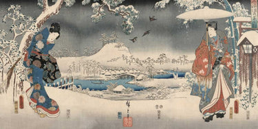Vintage 1853 Hiroshige Ando canvas art print of snowy landscape with a woman and man, titled Feeling at Home.