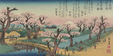 Vintage canvas art print of Evening Glow at Koganei Bridge by Hiroshige Ando, depicting a scenic river sunset scene.