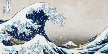 Vintage canvas art print of The Wave off Kanagawa by Hokusai Katsushika, featuring bold blue waves and Mount Fuji.