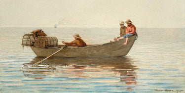 Feeling at Home art print featuring three boys in a dory with lobster pots, depicting a Homer Winslow landscape scene.