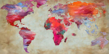 Abstract canvas art print titled "World in Colors" by Joannoo, featuring vibrant, colorful patterns on a textured surface.