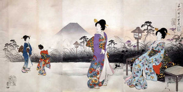 Traditional canvas art print by Feeling at Home depicting Japonaises walking in front of Mount Fuji, showcasing Japanese cultural scene.