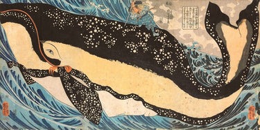 Miyamoto Musashi attacking a giant whale in a traditional Japanese ukiyo-e style canvas art print by Kuniyoshi Utagawa.