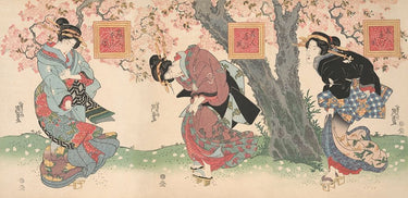 Feeling at home figurative canvas art print titled "Beauties in a Spring Storm" by Eisen Keisai, featuring vibrant spring storm scene.