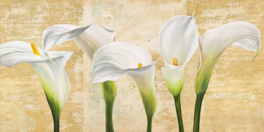 Neutral floral canvas art print featuring elegant callas on gold background by Thomlinson Jenny, from Feeling at Home.