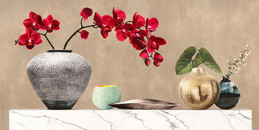 Red orchids on white marble floral canvas art print by Feeling at Home, featuring vibrant red flowers on elegant marble background.