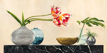 Floral canvas art print by Feeling at Home featuring colorful flowers on black marble background, designed by Jenny Thomlinson.