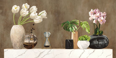 Feeling at Home floral canvas art print by Thomlinson Jenny featuring a colorful floral design on white marble background.
