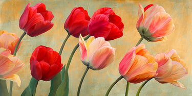 Feeling at Home golden tulips floral canvas art print by Villa Luca, featuring vibrant tulip bouquet on textured canvas background.