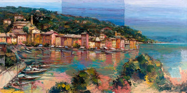 Abstract canvas art print titled Portofino in Summer by Florio Luigi, featuring vibrant colors and seaside scenery.