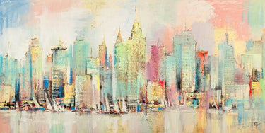 Colorful skyline cityscape canvas art print by Florio Luigi, vibrant urban scene, suitable for modern home decor.