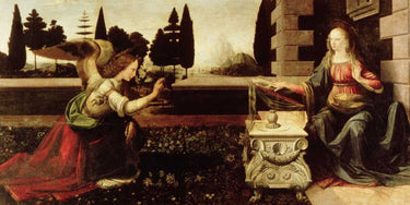 Feeling at home Leonardo da Vinci Annunciazione traditional canvas art print showcasing the biblical Annunciation scene.