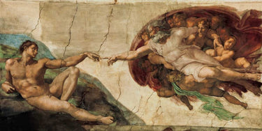 Traditional canvas art print of Michelangelo's La Creazione di Adamo by Feeling at Home, showcasing the iconic biblical scene.