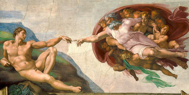 Restored art print of Michelangelo's The Creation of Adam on canvas, by Feeling at Home, showcasing detailed biblical scene.
