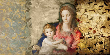 Feeling at Home Virgin Mary figurative canvas art print by Roux Simon, depicting a serene religious scene on a textured canvas.