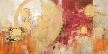 Abstract canvas art print featuring glittering planets, by Feeling at Home, showcasing vibrant planetary designs on textured surface.
