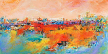Abstract canvas art print titled "Citta sulla collina" by Marzari Tebo, featuring vibrant cityscape and hillside imagery.