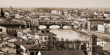 Black and white canvas art print of Ponte Vecchio Florence by Ratsenskiy Vadim, displayed on a wall.