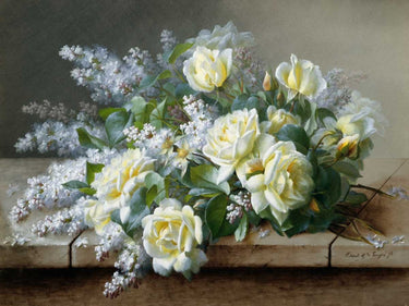Still Life with Roses floral canvas art print by de Longpre Raoul, featuring vibrant roses in a natural still life scene.