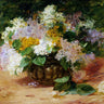 Still life of lilacs floral canvas art print by Jeannin Georges, featuring vibrant purple flowers on textured canvas.