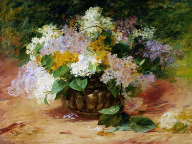 Still life of lilacs floral canvas art print by Jeannin Georges, featuring vibrant purple flowers on textured canvas.
