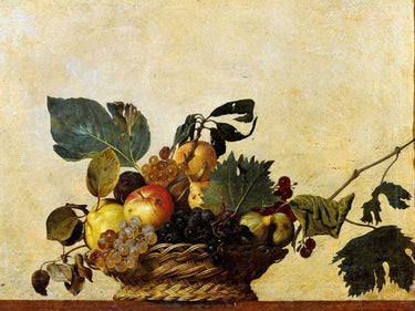 Floral canvas art print of a fruit basket by Caravaggio, featuring vibrant colors and detailed still life, by Feeling at Home.