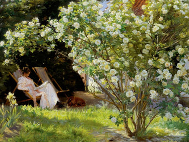 Seated in the garden of roses landscape canvas art print by Kroyer Peder Severin, featuring vibrant floral scenery and seated figure.