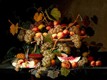 Still Life with Fruit floral canvas art print by Roesen Severin, featuring vibrant fruit and floral details, by Feeling at Home.