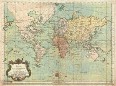 Art Print on canvas Essay d une Carte reduite du Globe Terrestre 1778 by Bellin N. Maps Post-Impressionism artwork