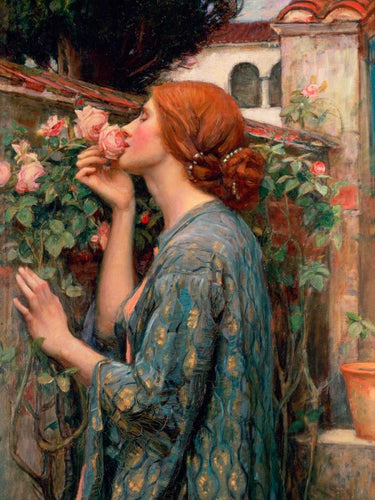 Feeling at Home art print featuring John William Waterhouse's The Soul of the Rose, showcasing a romantic floral scene on canvas.