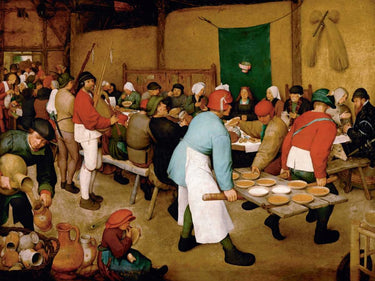 Peasant wedding kitchen canvas art print by Bruegel the Elder, featuring a detailed rural scene, in a Feeling at Home decorative artwork.