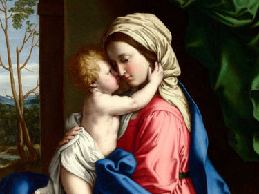 Detailed art print of The Virgin and Child embracing by Sassoferrato, showcasing soft colors and classical religious imagery on canvas.