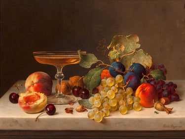 Feeling at Home floral art print by Preyer Emilie featuring still life with summer fruits and champagne on canvas.