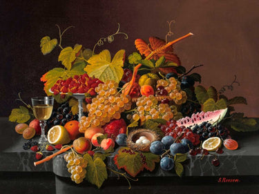 Feeling at home floral canvas art print featuring still life with fruit and bird's nest by Roesen Severin