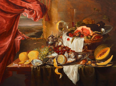 Still life with imaginary view food canvas art print by Craen Laurens, featuring vibrant fruit and bakery scenes.