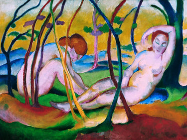 Feeling at home Nudes under Trees figurative canvas art print by Marc Franz, showcasing a serene landscape with reclining figures.