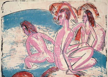 Feeling at Home art print of Ernst Ludwig Kirchner's Three Bathers, a figurative canvas artwork featuring three women in bathing suits.