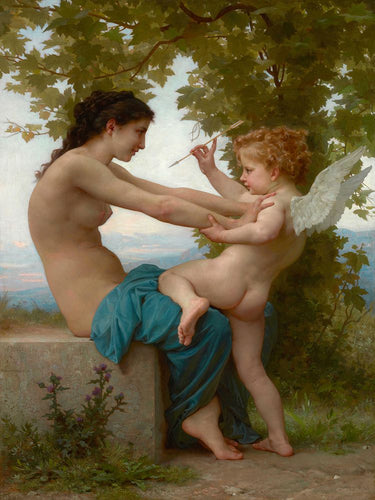 Young girl defending herself against Eros in Bouguereau William-Adolphe art print, displayed on Feeling at Home canvas art print.